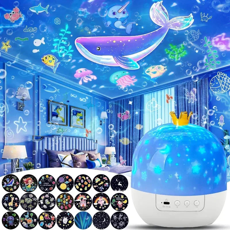 Blue crown design galaxy projector displaying an underwater sea life projection on bedroom ceiling