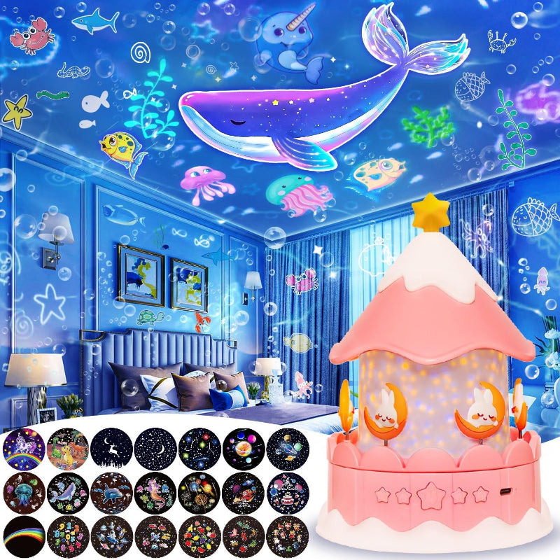 Pink carousel design galaxy projector showing star and bunny projections with film discs