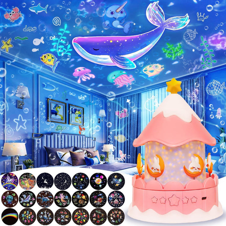 Pink carousel design galaxy projector showing star and bunny projections with film discs