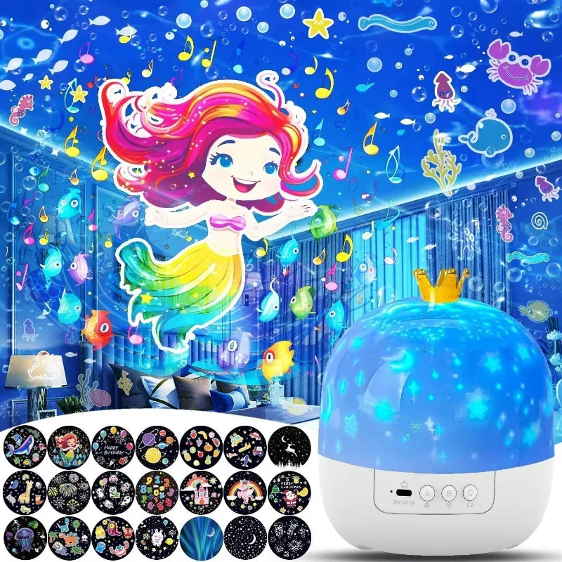 Blue crown galaxy projector illuminating a children's room with colorful mermaid and ocean projections
