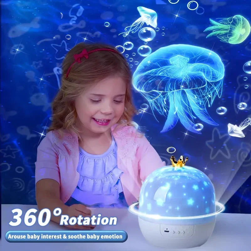 Galaxy projector night light casting vibrant star patterns and nebulas on a bedroom ceiling