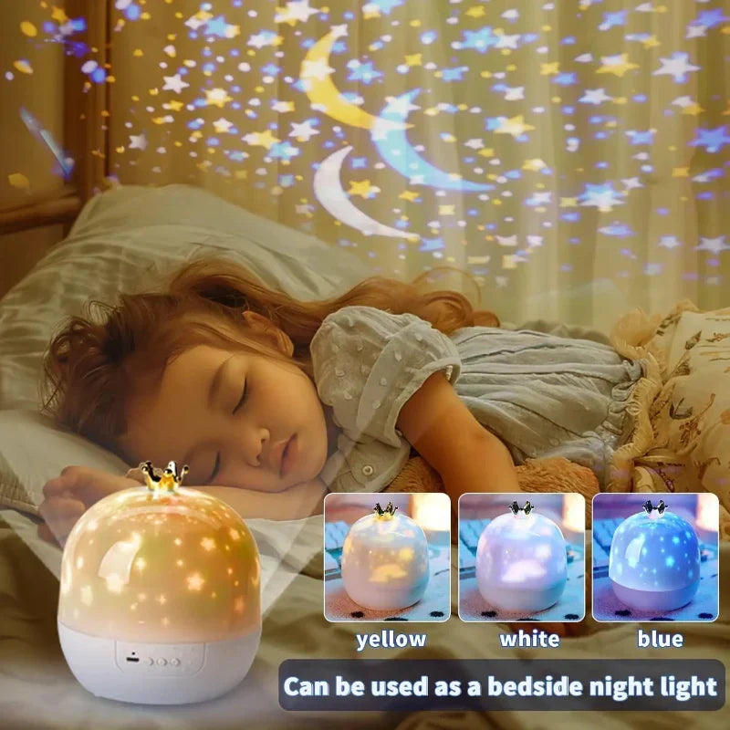 Galaxy projector night light placed on a bedside table as a calming sleep aid device