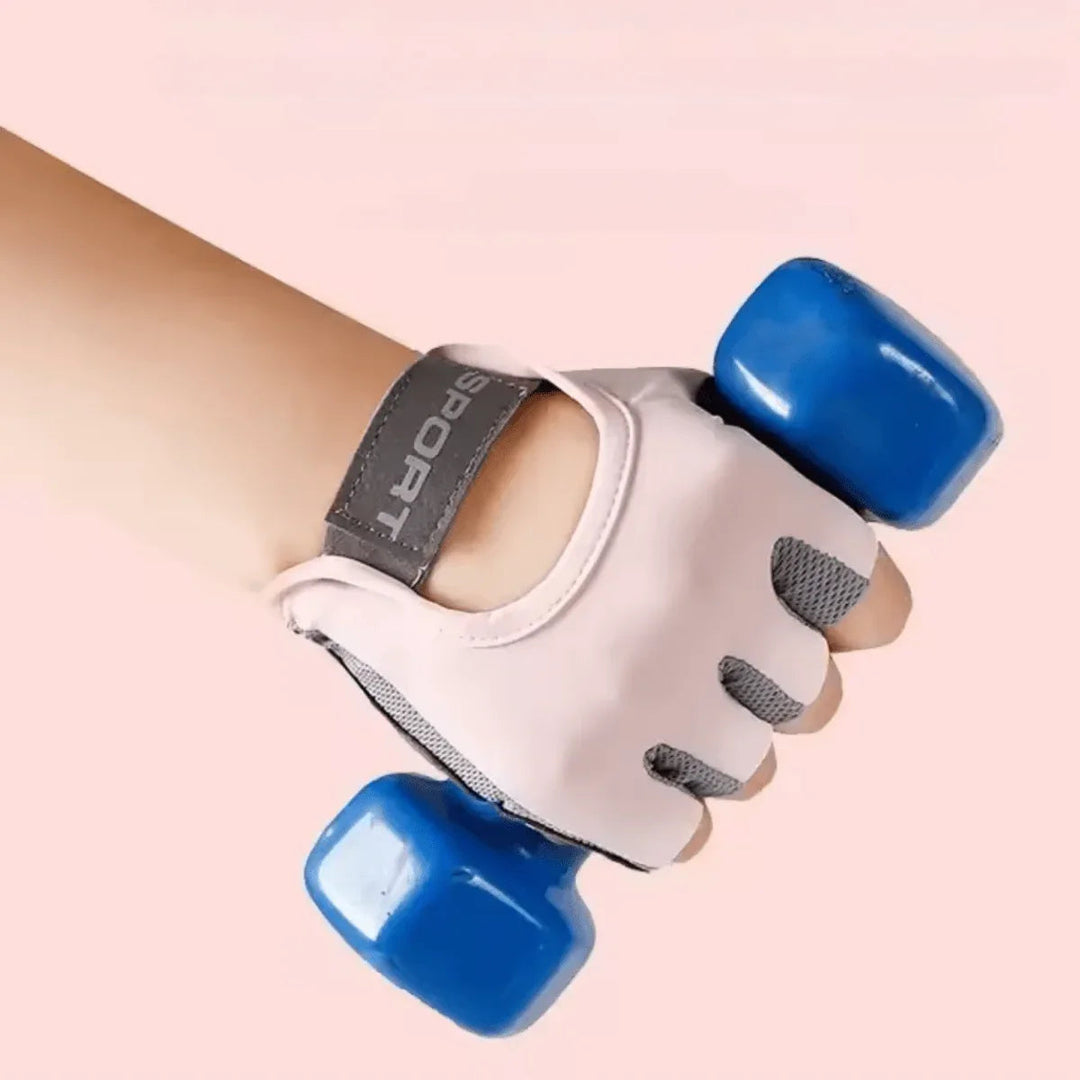 Close-up of pink weightlifting glove holding blue dumbbell