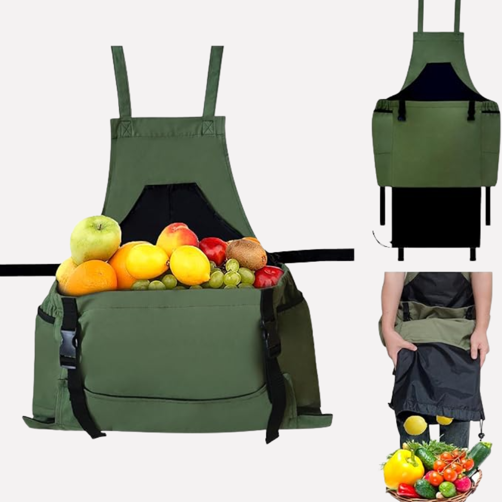 Green waterproof garden apron filled with fresh fruits and vegetables