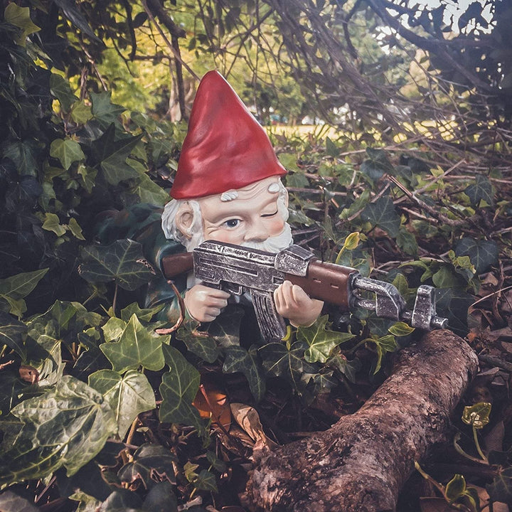 Funny tactical gnome lawn ornament with camo gear for backyard landscaping
