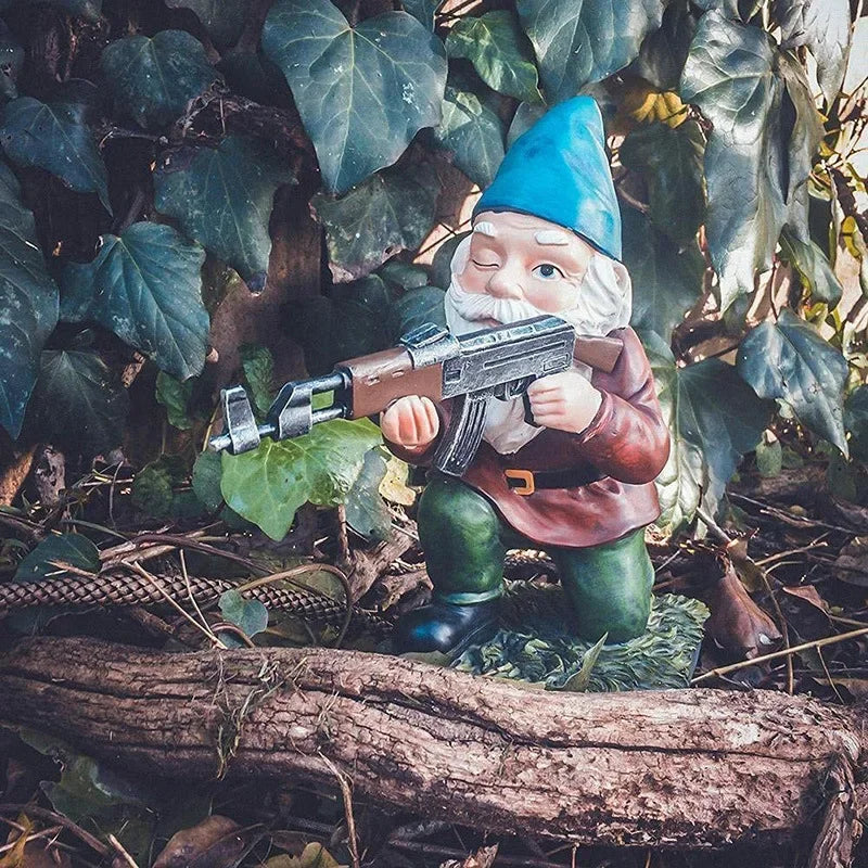 Resin tactical garden gnome sculpture ready for action in yard art display
