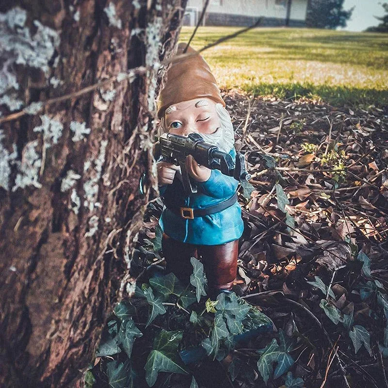 Detailed tactical garden gnome backyard accessory with military helmet