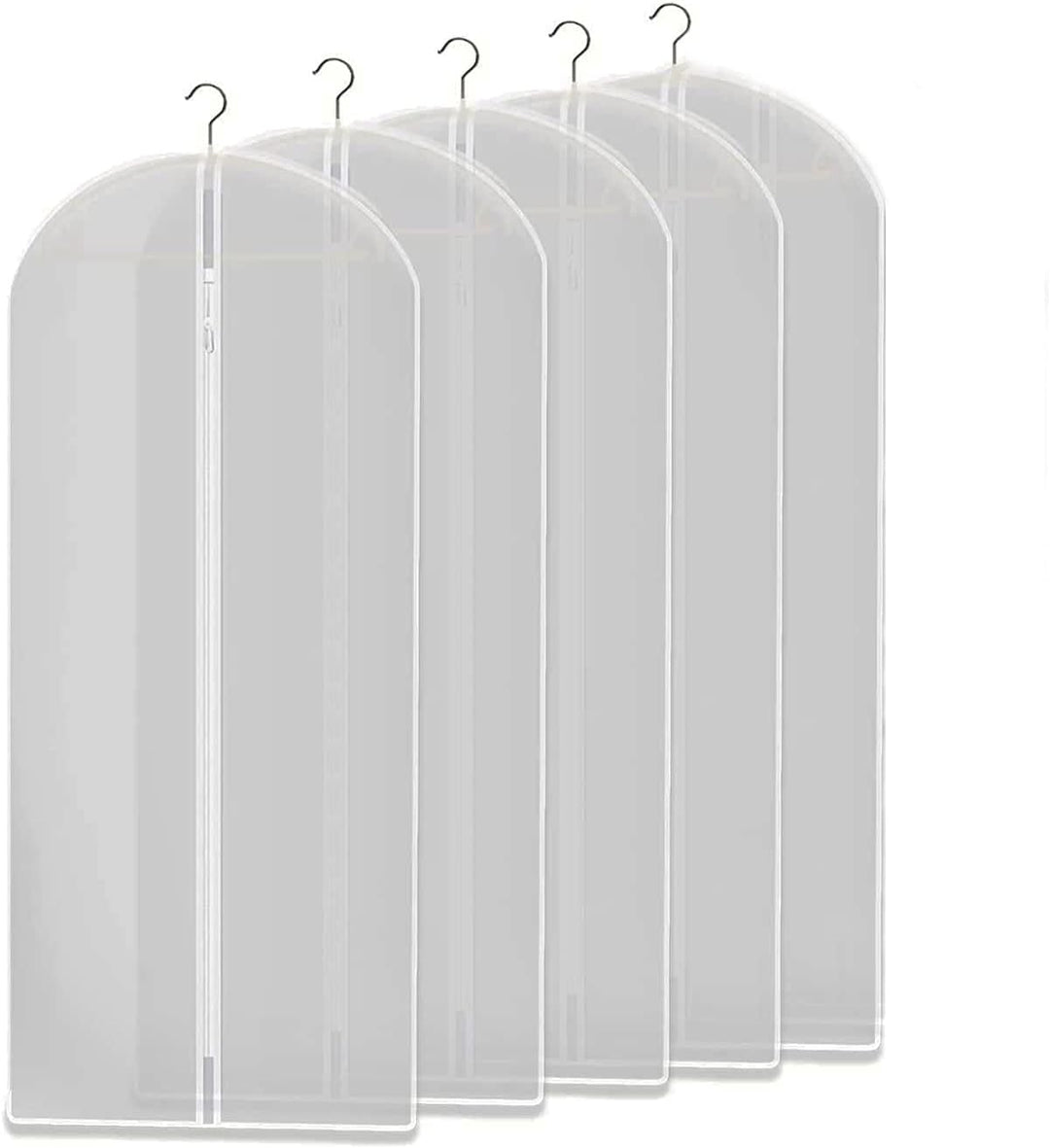 Pack of five clear garment storage bags hanging together