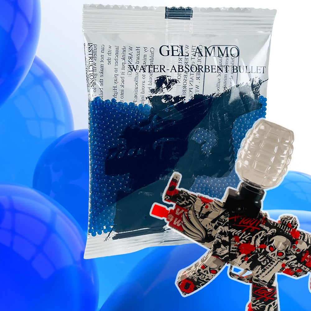 Package of blue water absorbent gel ammo next to a toy blaster