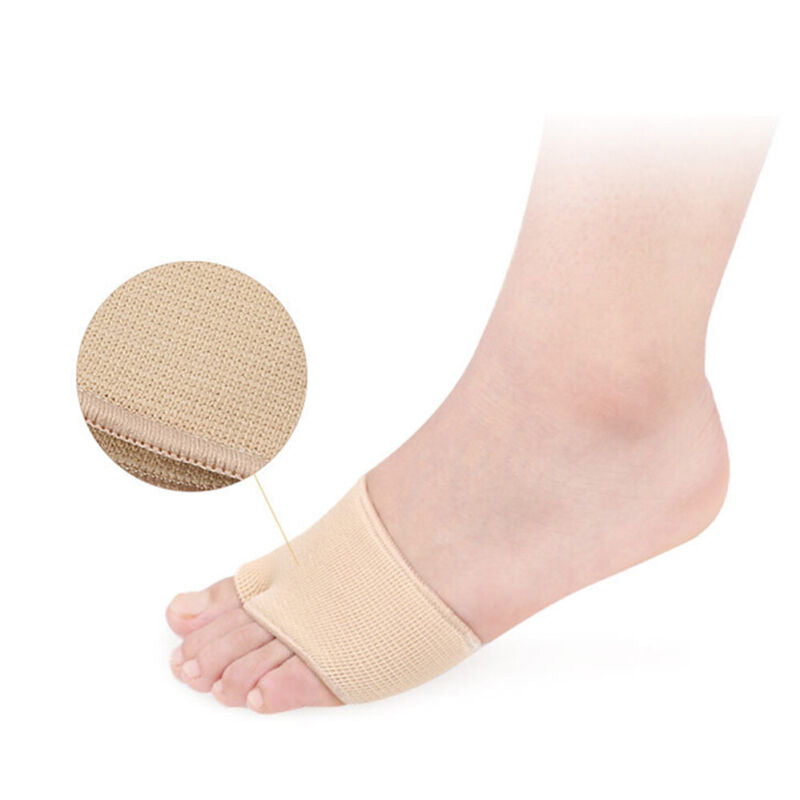 Packaging layout showing a pair of gel ball of foot cushions and foot care accessories