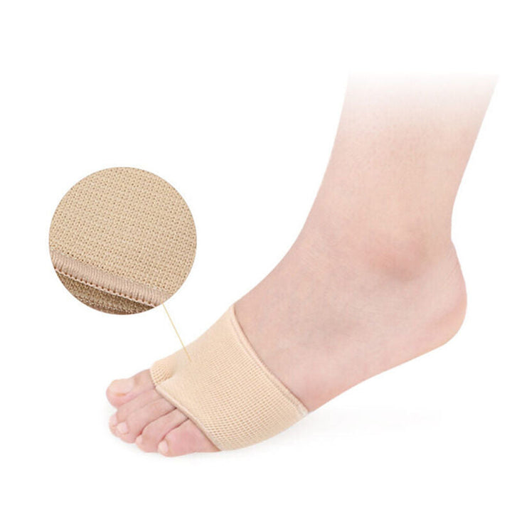 Packaging layout showing a pair of gel ball of foot cushions and foot care accessories