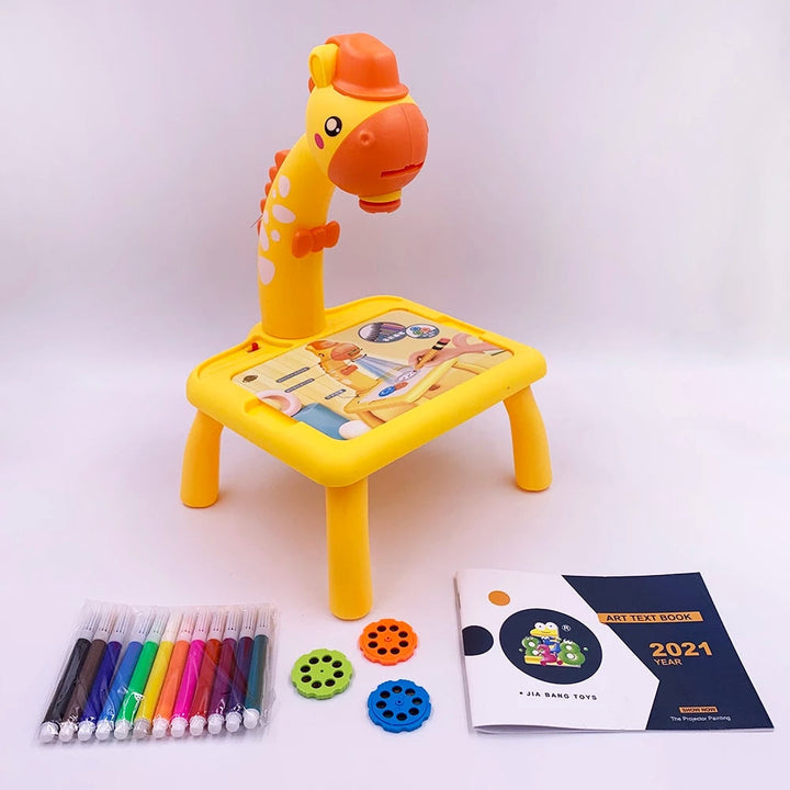 Yellow dinosaur projection drawing table with included markers, projection discs, and drawing book