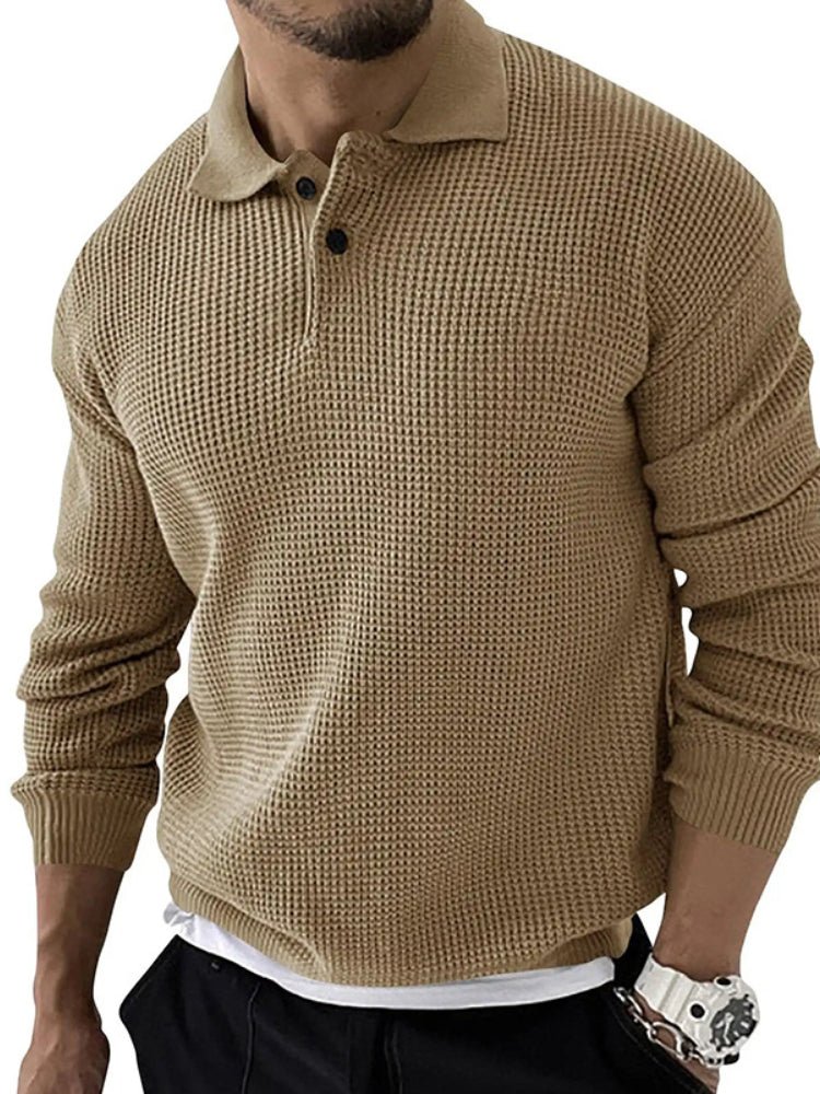 Man wearing beige long sleeve waffle knit polo sweater