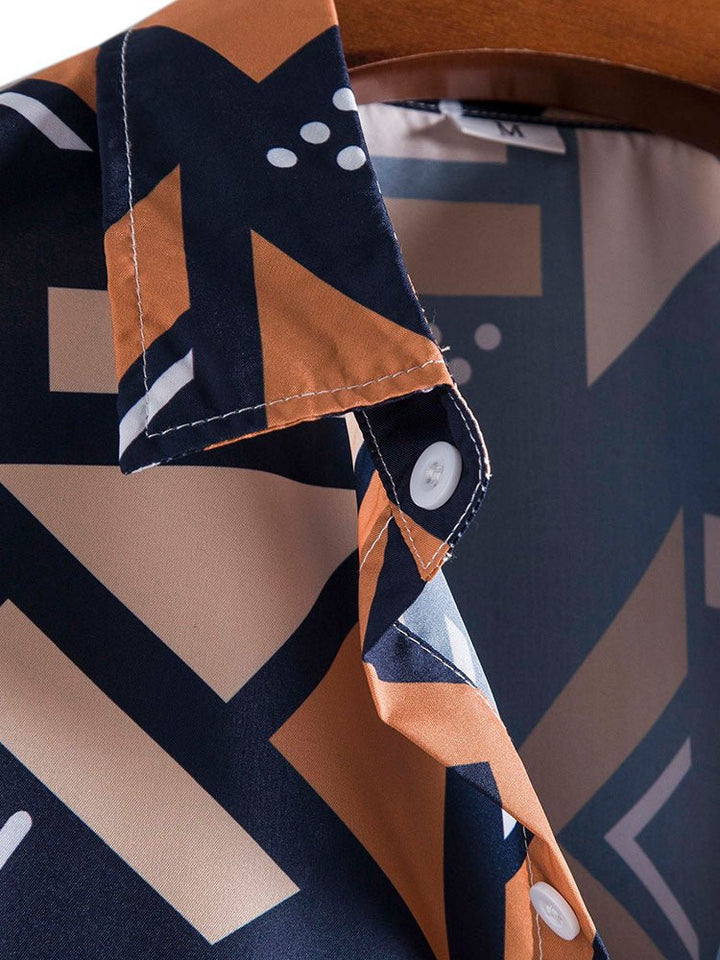 Full outfit of men's summer beachwear including patterned shirt and swim trunks