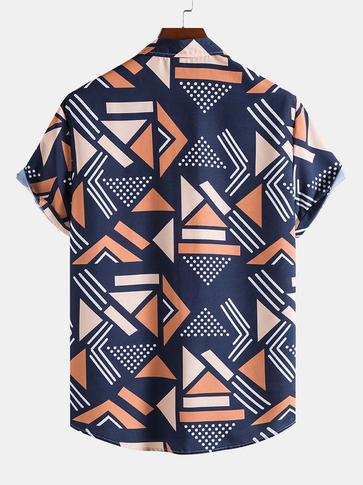 Navy men's geometric print swim shorts with matching summer beach shirt