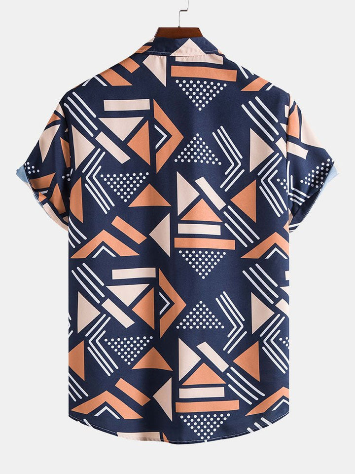 Navy men's geometric print swim shorts with matching summer beach shirt