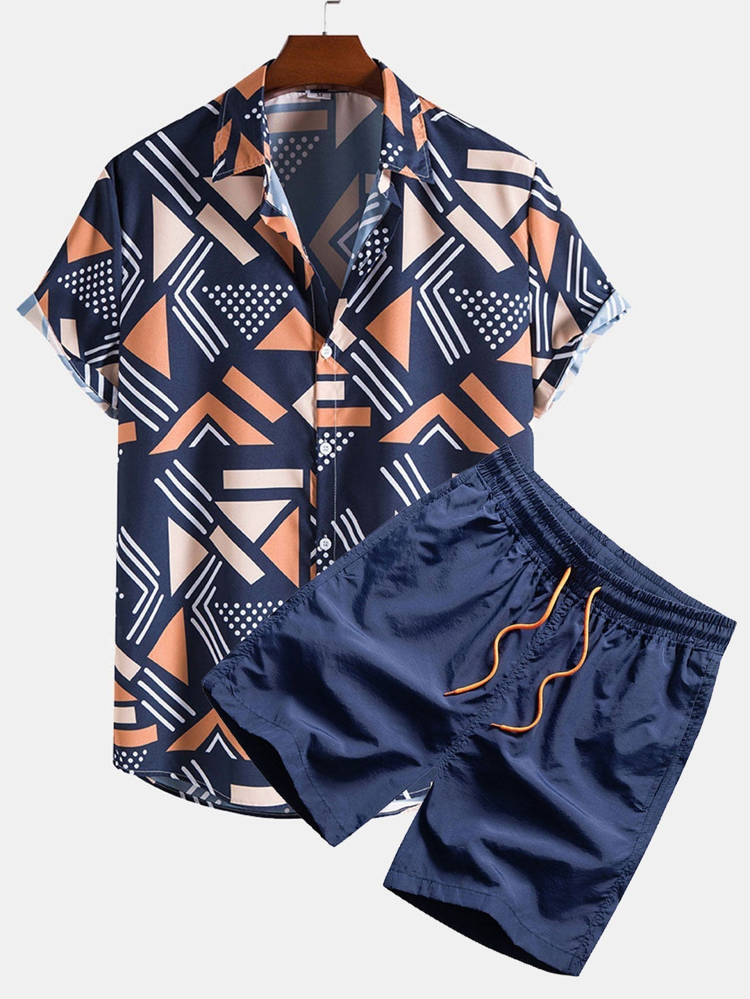 Men's navy geometric print shirt and swim shorts set on a hanger