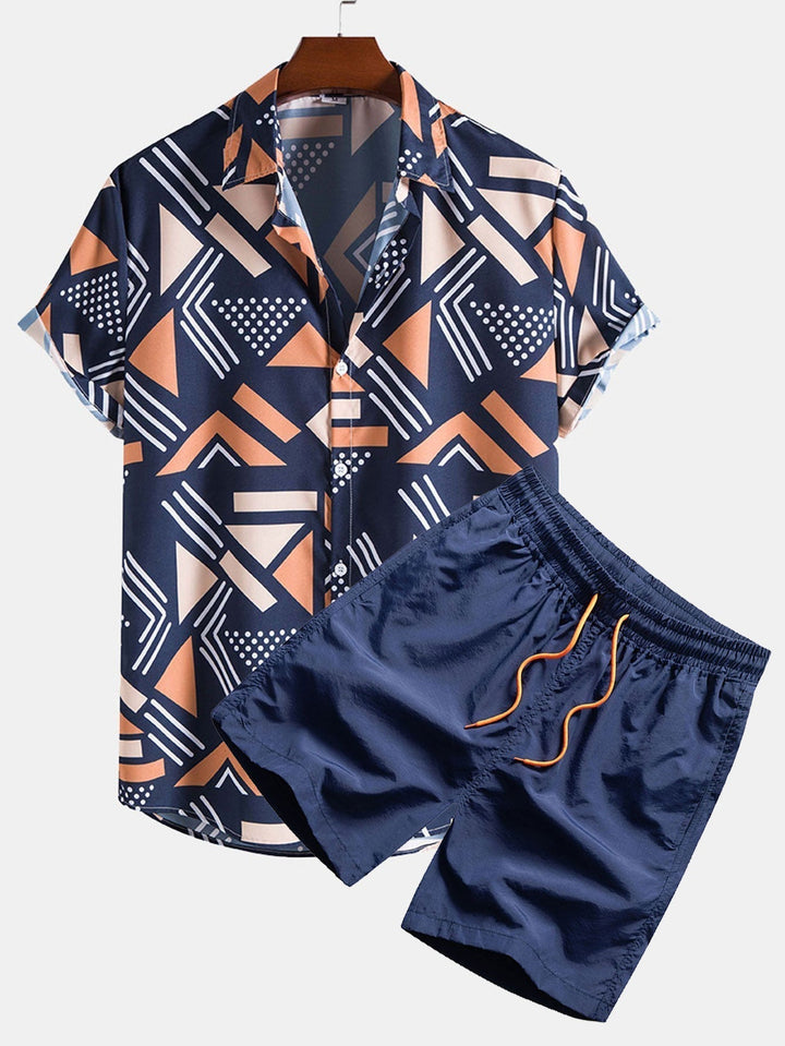 Men's navy geometric print shirt and swim shorts set on a hanger