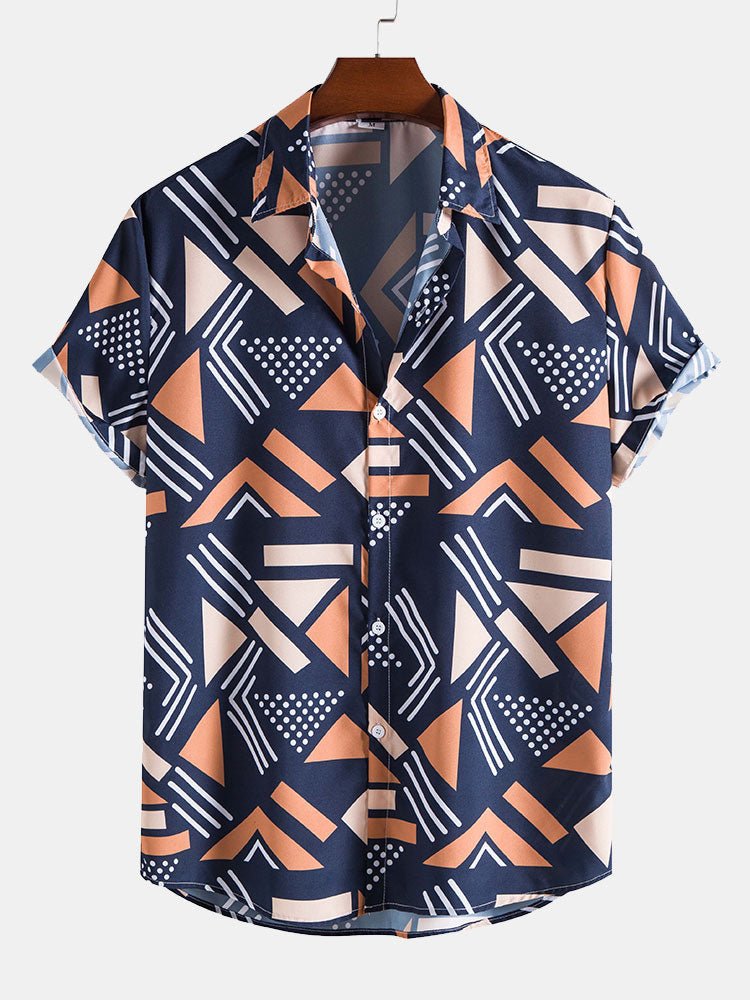 Close-up view of the navy geometric patterned summer shirt