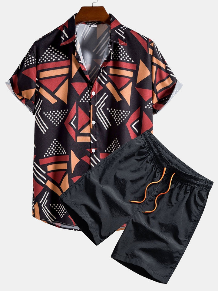 Men's black geometric print shirt and swim shorts set on a hanger