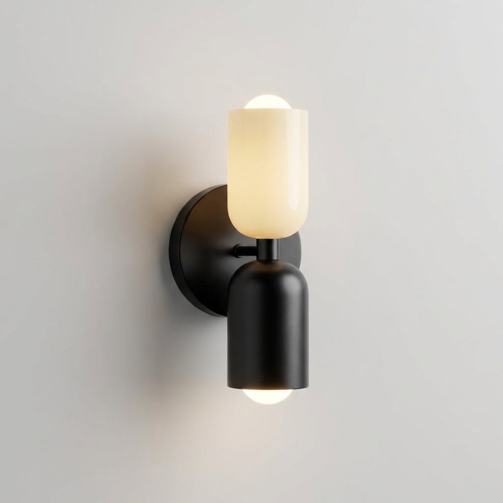 Sleek geometric wall lamp featuring a black base and dual frosted glass shades