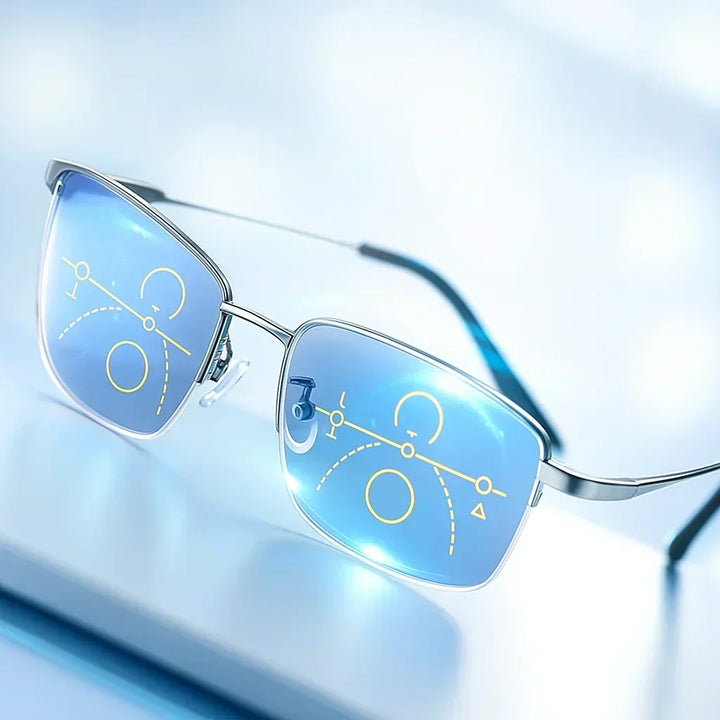 Close-up of progressive multifocal glasses showing lens grid zones