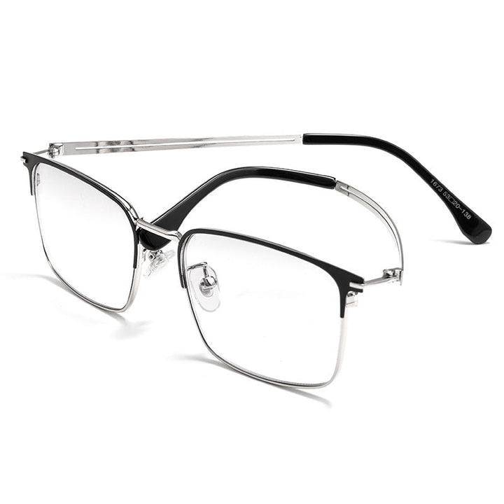 Side angle view of modern metal frame reading glasses