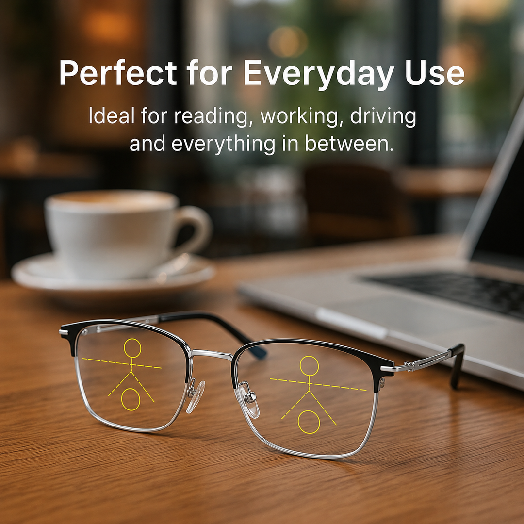 Progressful glasses resting on a wooden desk near a laptop