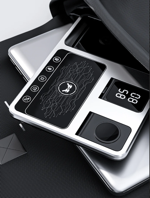 Portable wireless charging station stored neatly inside a travel bag
