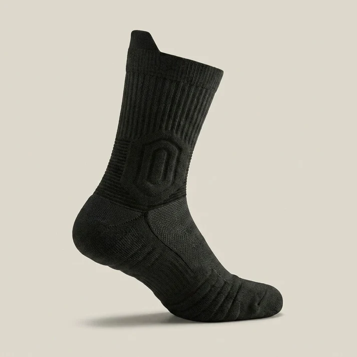 Black high-performance work sock with arch support and cushioned heel