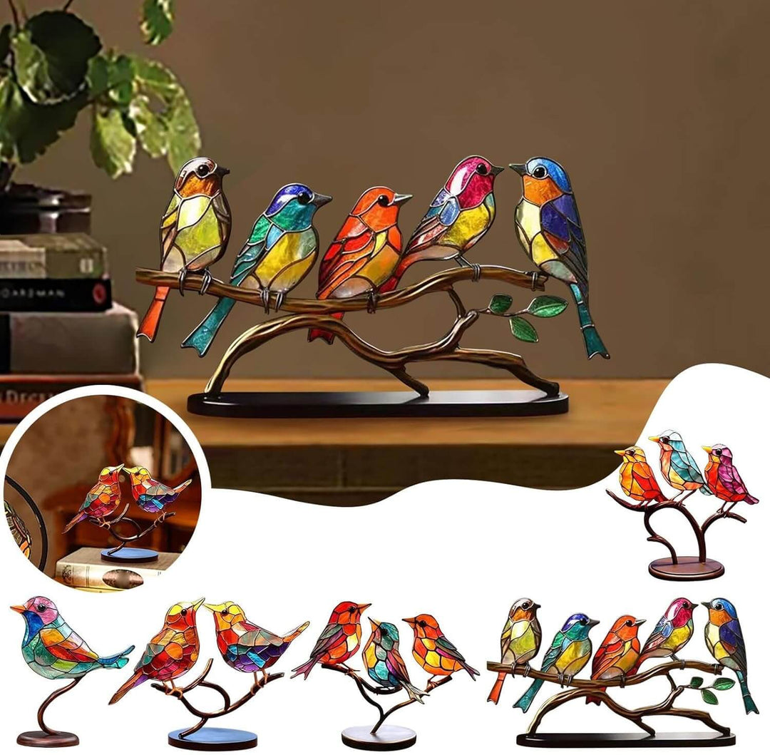 Charming indoor accent piece featuring multiple songbirds on a branch
