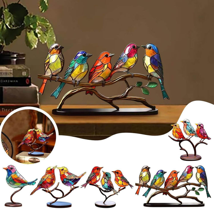 Charming indoor accent piece featuring multiple songbirds on a branch