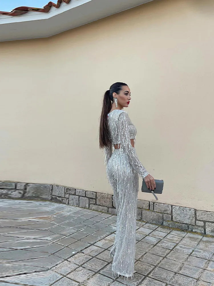 Glamorous evening wear set with sparkling sequins, including top and matching pants
