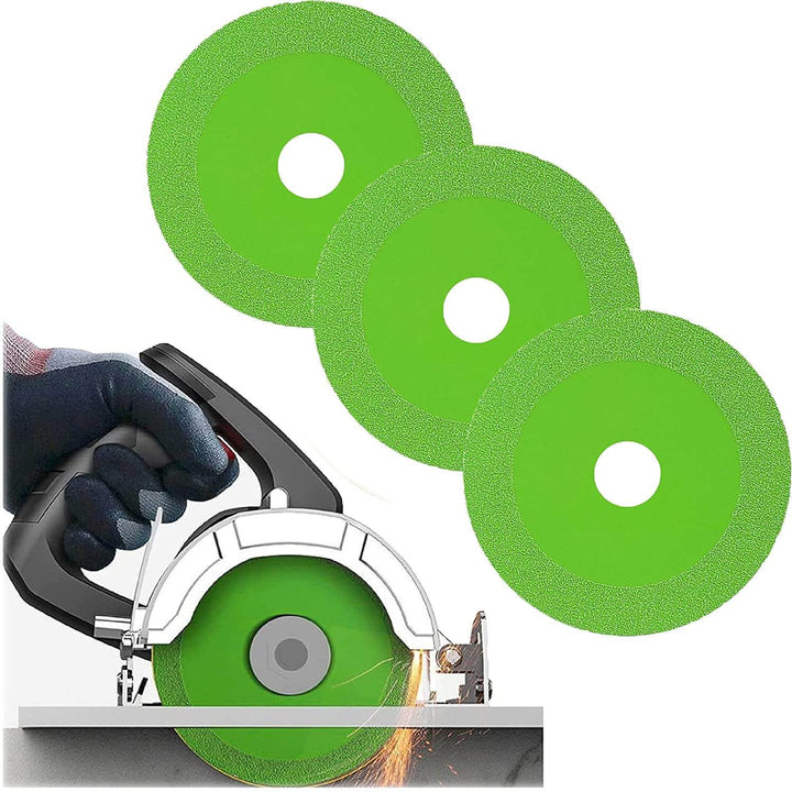 Three green diamond glass cutting discs shown alongside an angle grinder cutting glass.
