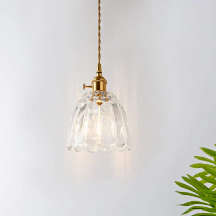 Transparent glass hanging lamp paired with wooden dining room furniture
