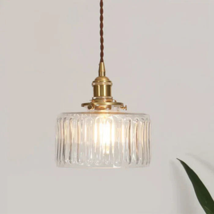 Industrial ceiling light with clear glass shade mounted in a modern living area