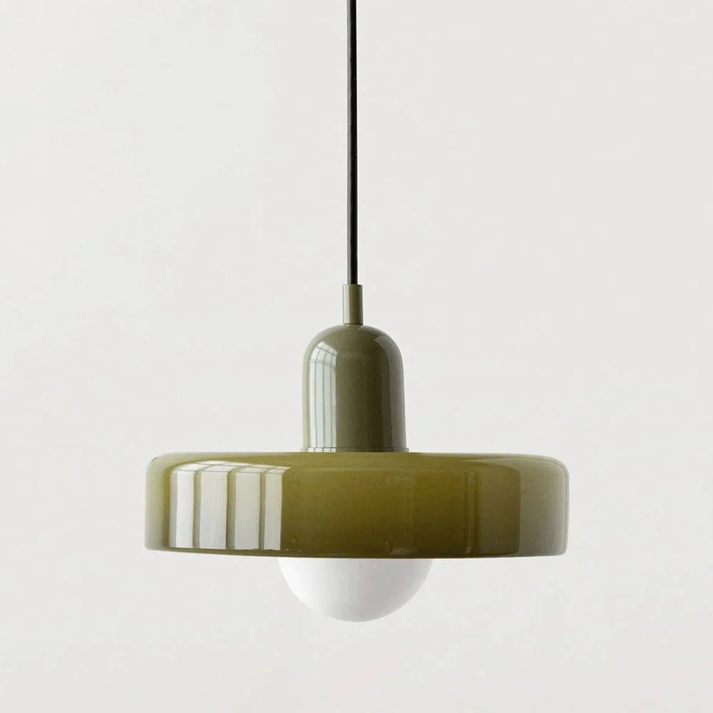 Retro lamp casting warm illumination over a wooden dining table