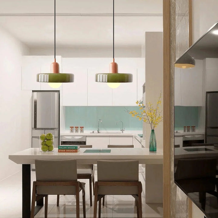 Complete view of the adjustable glass pendant light ready for installation