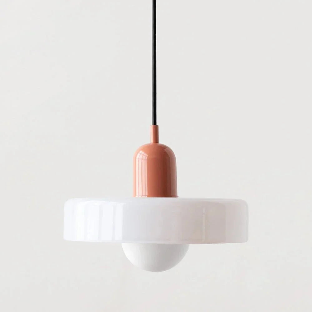 Close-up of the textured glass shade on a modern pendant lamp