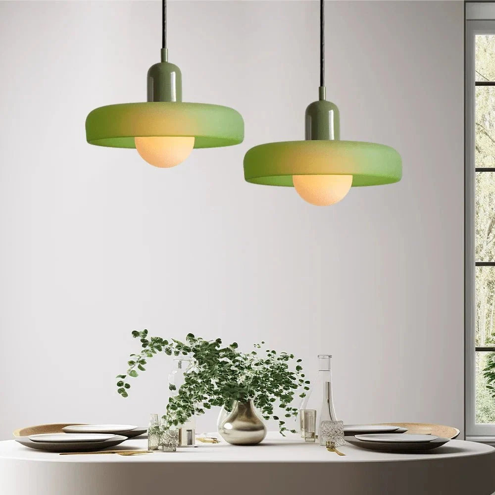 Warm glowing glass pendant lamp creating a cozy atmosphere