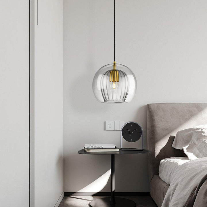 Close-up of the elegant glass shade on a contemporary pendant light