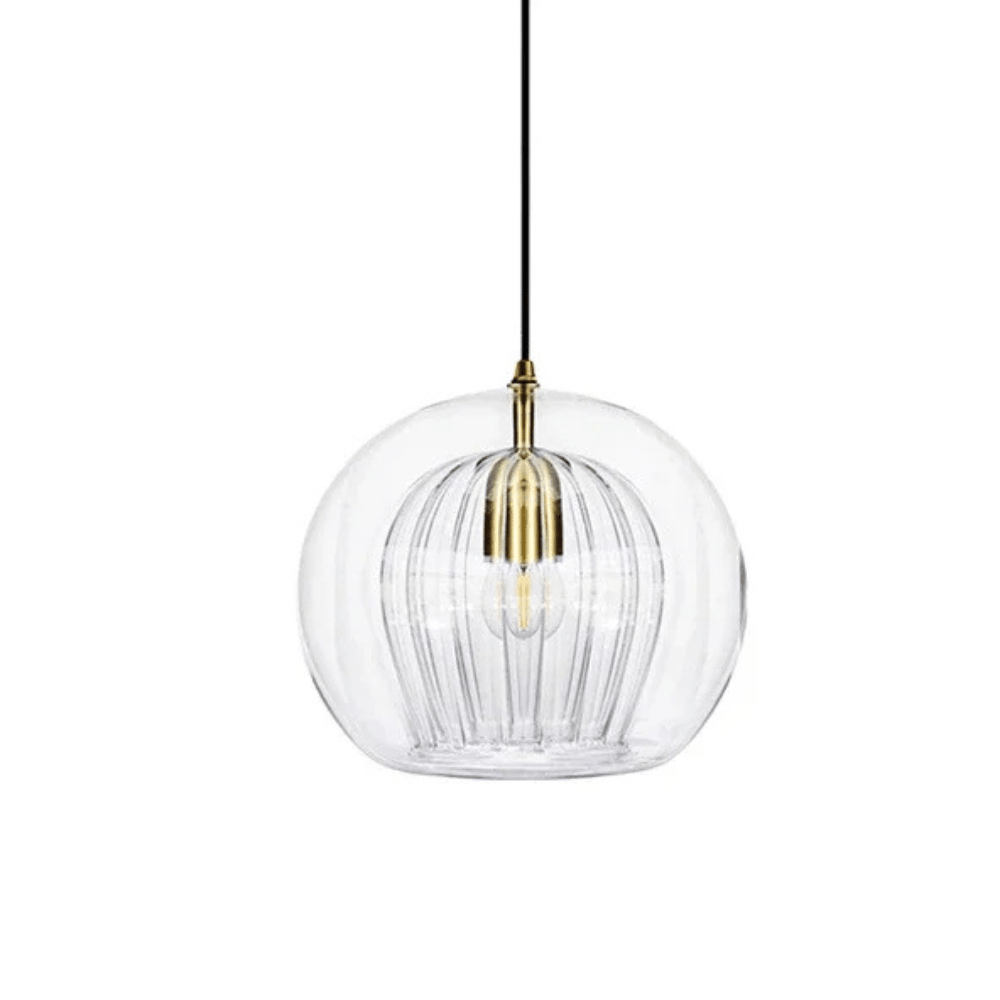 Transparent glass pendant light with ribbed inner shade and brass fitting