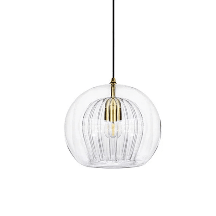 Transparent glass pendant light with ribbed inner shade and brass fitting