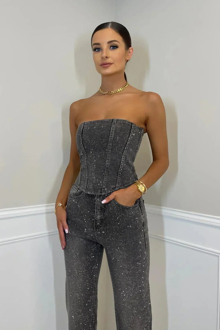 Full length view of sparkling women's trouser set Liora