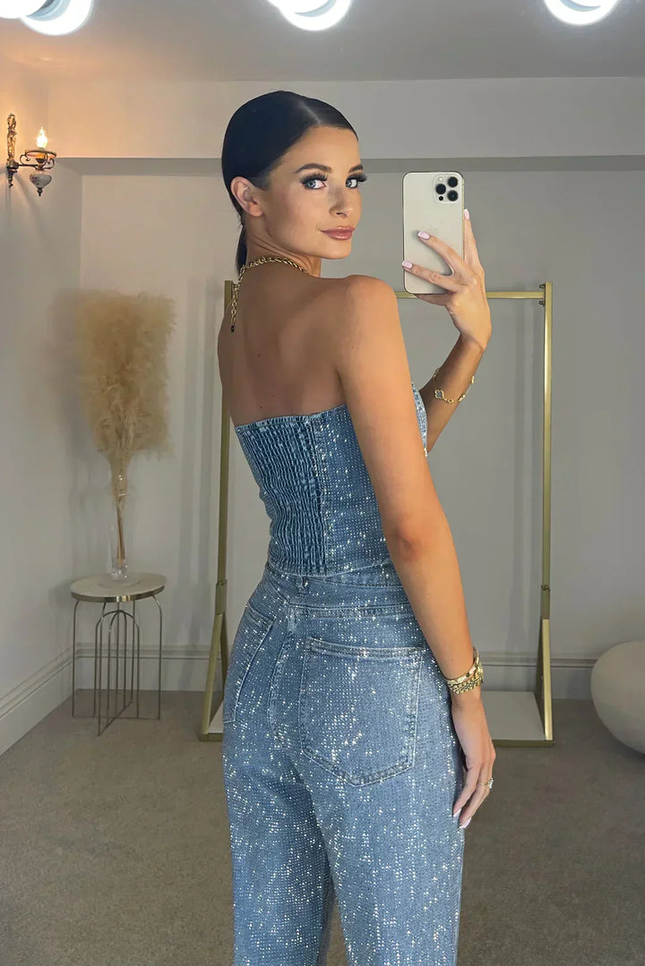 Two-piece sparkly outfit for women, back view of trousers