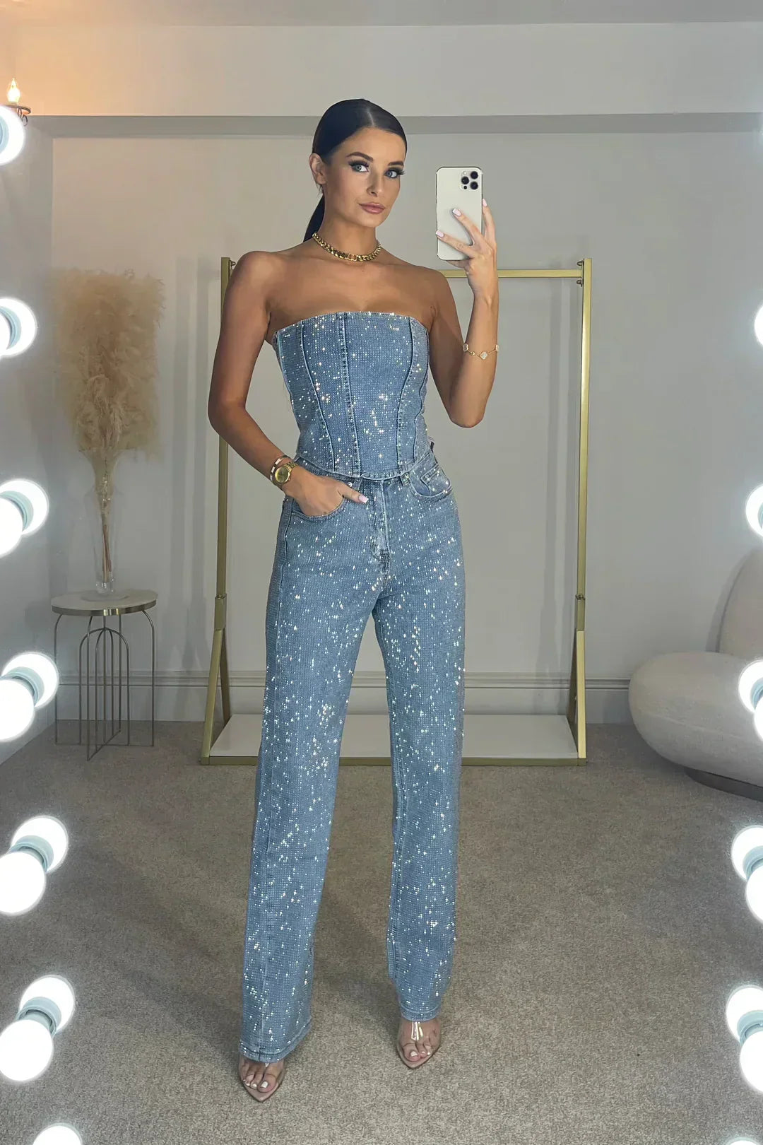 High-waist jeans from shimmer party wear trouser set Liora