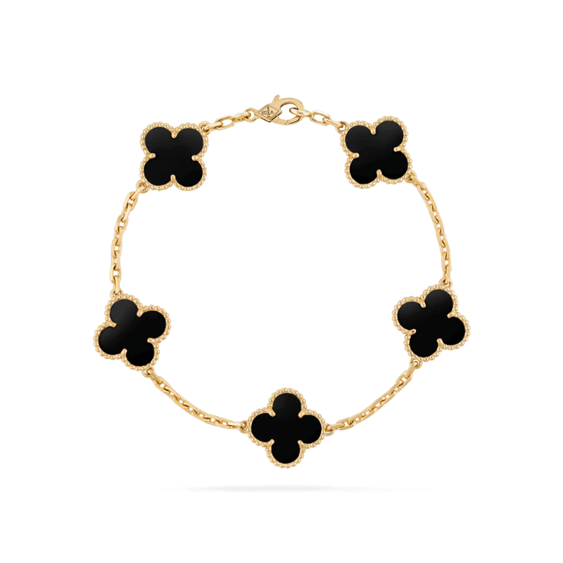 Women's elegant gold clover charm bracelet with black accents