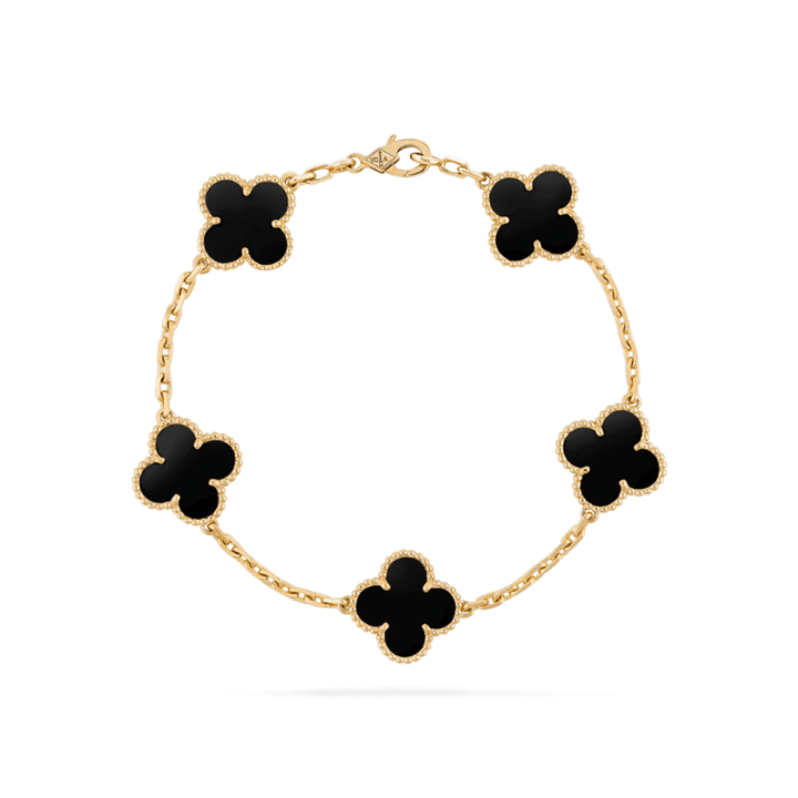 Women's elegant gold clover charm bracelet with black accents