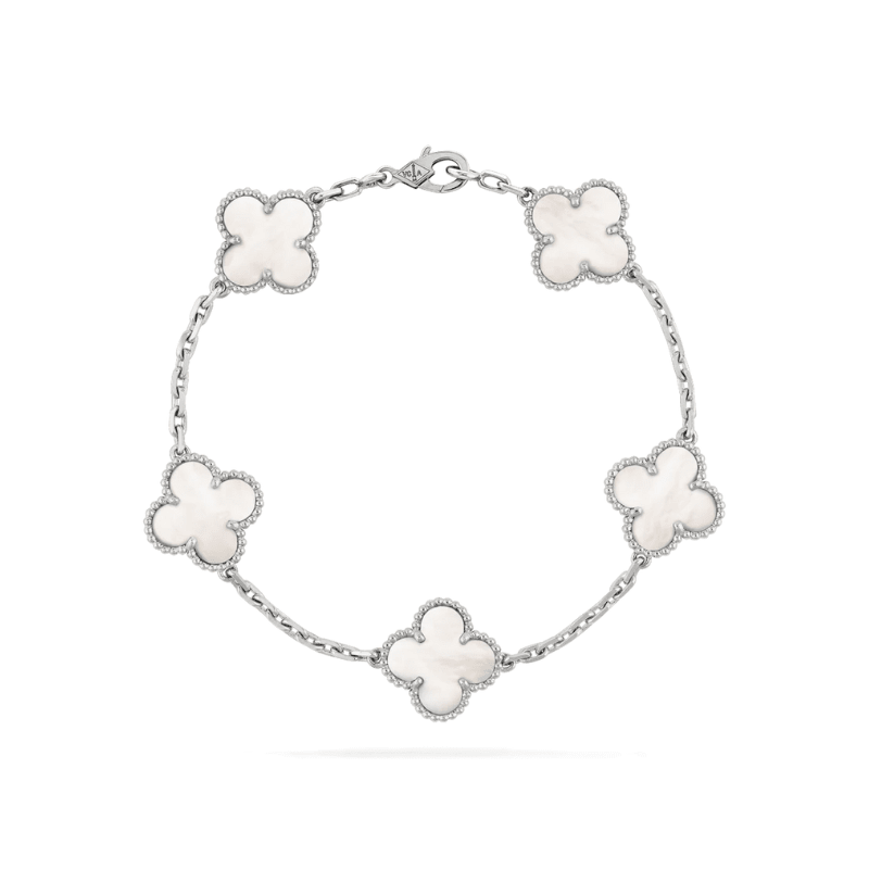 Pearl white clover charm bracelet with silver-toned metal finish