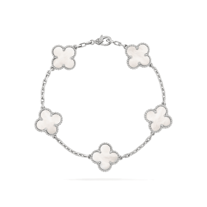 Pearl white clover charm bracelet with silver-toned metal finish